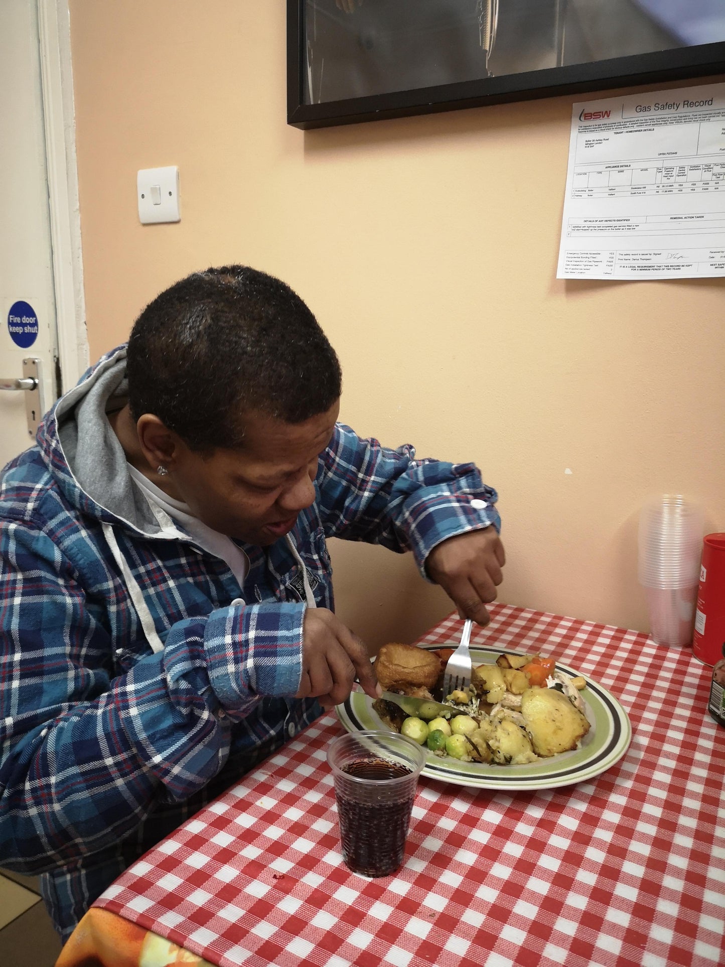 Man about to eat his Christmas dinner.
