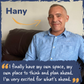 Image of a man named Hany sat on the sofa smiling at the camera with text stating "I finally have my own space, my own place to think and plan ahead. I'm very excited for what's ahead."