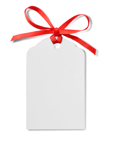 White gift tag with red bow.