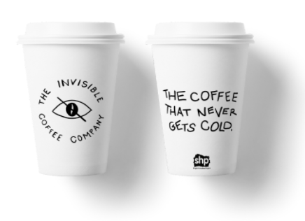 Two Invisible Coffee Company reusable coffee cups. One with the logo and the other with "The coffee that never gets cold. SHP" on.