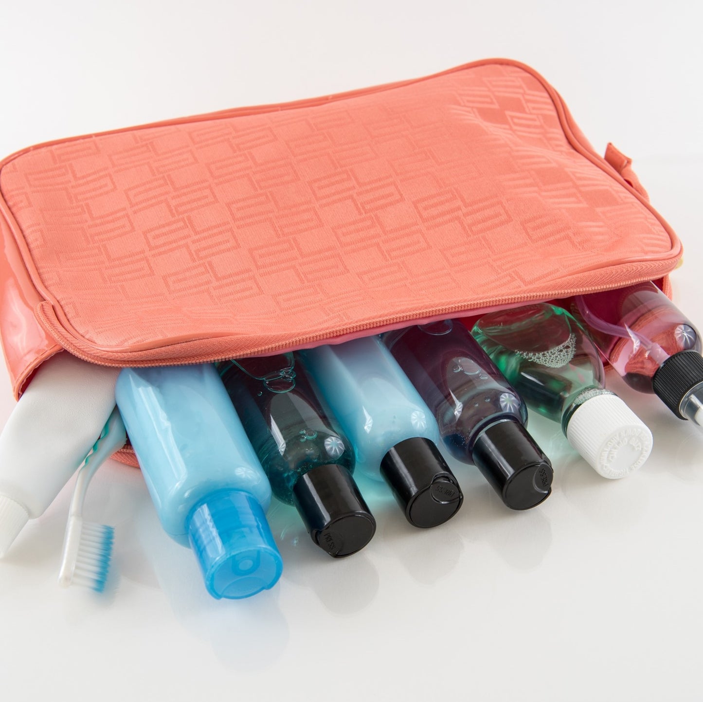 Coral toiletry bag.